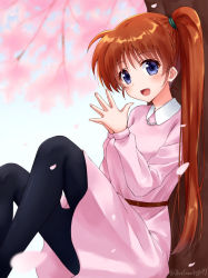 Rule 34 | 1girl, :d, against tree, bad id, bad pixiv id, black pantyhose, blush, brown hair, cherry blossoms, dress, hair ornament, hoshino kagari, jewelry, long hair, long sleeves, looking at viewer, lyrical nanoha, mahou shoujo lyrical nanoha strikers, necklace, open mouth, own hands together, pantyhose, pearl necklace, petals, pink dress, purple eyes, side ponytail, sitting, smile, solo, takamachi nanoha, tree