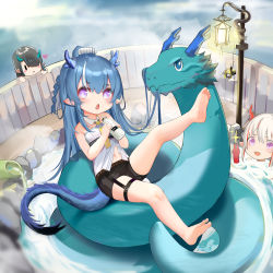 Rule 34 | 3girls, :o, absurdres, aged down, animalization, arknights, bare shoulders, barefoot, bathing, belt, black hair, black shorts, blouse, blue hair, blush, blush stickers, bottle, detached collar, dragon, dragon girl, dragon horns, dragon tail, dusk (arknights), fish, hair over one eye, highres, holding, holding bottle, horns, kuroshiroemaki, lantern, lee (arknights), leg up, ling (arknights), long hair, looking at viewer, multicolored hair, multiple girls, navel, necktie, nian (arknights), onsen, open mouth, peeking out, pointy ears, purple eyes, shirt, short shorts, shorts, siblings, sisters, solo focus, strapless, strapless shirt, streaked hair, submerged, tail, two-tone hair, very long hair, water, white hair, white shirt, yellow necktie, | |, || ||