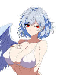 Rule 34 | 1girl, absurdres, bikini, breasts, cleavage, closed mouth, commentary, commentary request, covered erect nipples, grey hair, grey wings, half updo, hand on own chest, highres, huge breasts, kishin sagume, looking at viewer, pink nails, red eyes, short hair, simple background, single wing, solo, ssaf52913778, swimsuit, touhou, upper body, white background, white bikini, wings