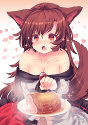 Rule 34 | + +, 1girl, animal ears, blush, boned meat, breasts, brooch, brown hair, cleavage, commentary request, cowboy shot, dress, fang, food, frilled dress, frilled sleeves, frills, heart, highres, hungry, imaizumi kagerou, jewelry, kemo chiharu, large breasts, long hair, long sleeves, looking at food, meat, medium bangs, off-shoulder dress, off shoulder, open mouth, plate, red brooch, signature, solo, sparkle, tail, touhou, white dress, wolf ears, wolf girl, wolf tail