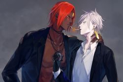 Rule 34 | 2boys, alternate costume, ashwatthama (fate), bad id, bad twitter id, bishounen, black gloves, blue eyes, cigarette, dark-skinned male, dark skin, earrings, fate/grand order, fate (series), forehead jewel, formal, gloves, highres, holding, holding jewelry, holding necklace, jacket, jewelry, karna (fate), lighting cigarette, male focus, multiple boys, necklace, ono matope, open clothes, open jacket, pale skin, pectorals, red hair, smoking
