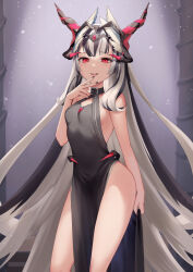Rule 34 | 1girl, adapted costume, bare shoulders, black choker, black hair, breasts, choker, dark persona, dress, evil smile, feather hair ornament, feathers, fire emblem, fire emblem engage, grey hair, hair ornament, haru (nakajou-28), highres, long hair, looking at viewer, multicolored hair, nintendo, official alternate eye color, petite, red eyes, small breasts, smile, solo, two-tone hair, very long hair, veyle (evil) (fire emblem), veyle (fire emblem), wavy hair