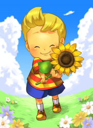 Rule 34 | 1boy, blonde hair, cha kuro (limo), closed eyes, cloud, day, flower, image sample, lucas (mother 3), male focus, md5 mismatch, mother (game), mother 3, nintendo, pixiv sample, quiff, resized, resolution mismatch, shirt, shoes, shorts, smile, sneakers, solo, source larger, striped clothes, striped shirt, sunflower