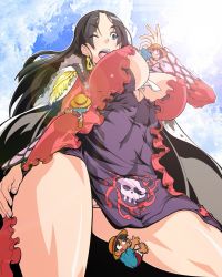 Rule 34 | 1girl, 3boys, black hair, blue eyes, blush, boa hancock, breasts, cleavage, cloud, from below, highres, large breasts, long hair, monkey d. luffy, multiple boys, one eye closed, one piece, open mouth, pussy, size difference, sky, tagme