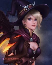 Rule 34 | 1girl, blonde hair, blue background, blue eyes, breasts, brown gloves, capelet, cleavage, earrings, elbow gloves, gloves, glowing, glowing wings, halloween, halloween costume, hat, highres, jack-o&#039;-lantern, jack-o&#039;-lantern earrings, jewelry, light smile, lips, looking at viewer, md5 mismatch, mercy (overwatch), nindei, nose, official alternate costume, overwatch, overwatch 1, realistic, resized, resolution mismatch, short sleeves, small breasts, solo, source smaller, upper body, upscaled, watermark, web address, wings, witch, witch hat, witch mercy