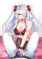 Rule 34 | 1boy, 1girl, absurdres, antenna hair, assertive female, azur lane, breasts, bulge, condom, condom in mouth, condom wrapper, erection, erection under clothes, hair over one eye, highres, large breasts, lingerie, looking at viewer, lying, maroonabyss, mole, mole on breast, mouth hold, on back, open fly, panties, panty pull, penis grab, pov, pov crotch, prinz eugen (azur lane), spread legs, swept bangs, thighhighs, underwear, white hair, yellow eyes
