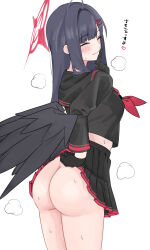 Rule 34 | 1girl, ass, black gloves, black hair, black serafuku, black skirt, black wings, blue archive, blush, closed eyes, closed mouth, gloves, hair ornament, hairclip, halo, highres, ichika (blue archive), long hair, long sleeves, neckerchief, no panties, red halo, red neckerchief, school uniform, serafuku, simple background, skirt, smile, solo, sweat, translation request, tsumayouji (tumayog), white background, wings