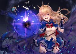 Rule 34 | 1girl, :d, bangle, black gloves, black thighhighs, blonde hair, blue cape, blue skirt, blurry, book, bow, bowtie, bracelet, breasts, brooch, buttons, cagliostro (dark) (granblue fantasy), cagliostro (granblue fantasy), cape, chokuro, cleavage, cowboy shot, depth of field, diffraction spikes, electricity, fangs, floating hair, frilled skirt, frills, gloves, granblue fantasy, grey background, hairband, hand up, head tilt, holding, holding book, jewelry, long hair, looking at viewer, magic, open book, open mouth, partially fingerless gloves, purple eyes, red bow, red bowtie, shirt, skirt, small breasts, smile, solo, spikes, standing, star (symbol), test tube, thighhighs, tiara, white shirt, wind, zettai ryouiki