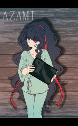 Rule 34 | 1girl, azami (kagerou project), black hair, chiyozaka, hospital gown, kagerou project, letterboxed, long hair, red eyes, ribbon, scales, slit pupils, snake hair, very long hair