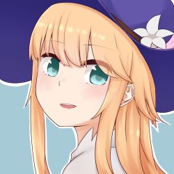 Rule 34 | 1other, blonde hair, blue hat, blush, chevalier d&#039;eon (fate), fate/grand order, fate (series), flower, green eyes, hair between eyes, hat, hat flower, i.u.y, long hair, looking at viewer, looking to the side, other focus, parted lips, shirt, sidelocks, smile, solo, teeth, upper body, upper teeth only, white flower, white shirt