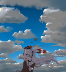 Rule 34 | amatsukaze (kancolle), cloud, cloudy sky, day, closed eyes, hair ornament, imai tetsuya, kantai collection, outdoors, ribbon, sky, solo, two side up, white hair