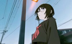 Rule 34 | 1girl, black eyes, black hair, black sailor collar, black serafuku, black shirt, black skirt, chorohanage, closed mouth, commentary request, glasses, highres, lamppost, long sleeves, neckerchief, original, outdoors, photo background, power lines, red neckerchief, sailor collar, school uniform, serafuku, shirt, short hair, skirt, solo, utility pole