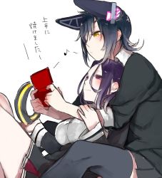 Rule 34 | 10s, 2girls, chin rest, eyepatch, halo, halo removed, handheld game console, head on head, head rest, headgear, kantai collection, leaning on person, mechanical halo, multiple girls, musical note, nintendo ds, playing games, purple eyes, purple hair, quaver, school uniform, short hair, shuu-0208, sitting, tatsuta (kancolle), tenryuu (kancolle), thighhighs, translation request, yellow eyes, yuri