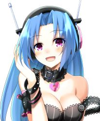 Rule 34 | 1girl, 5pb (neptunia), bare shoulders, black dress, blue hair, blush, breasts, cleavage, collar, collarbone, commentary, doria (p f dolia), dress, english commentary, hair intakes, hand in own hair, headphones, heart, heart necklace, highres, long hair, looking at viewer, medium breasts, necklace, neptune (series), open mouth, portrait, purple eyes, simple background, sleeveless, sleeveless dress, solo, white background, wristband