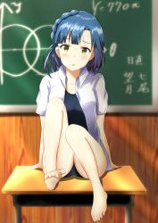 Rule 34 | 1girl, barefoot, black one-piece swimsuit, blue hair, blunt bangs, blush, braid, chalkboard, collarbone, collared shirt, desk, dress shirt, green eyes, highres, idolmaster, idolmaster million live!, indoors, looking at viewer, nanao yuriko, one-piece swimsuit, open clothes, open mouth, open shirt, school desk, school swimsuit, shirt, short hair, side braid, single braid, sitting, so korokoro, solo, swimsuit, swimsuit under clothes, white shirt, wing collar