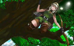 Rule 34 | 1girl, arrow (projectile), belt, boots, bow (weapon), braid, breasts, brown eyes, brown footwear, brown thighhighs, cloak, cloel, dragon&#039;s crown, dutch angle, elf, elf (dragon&#039;s crown), gloves, highres, hood, hooded cloak, in tree, kneeling, leaf, looking away, looking to the side, medium breasts, pointy ears, quiver, shorts, silver hair, solo, thigh boots, thighhighs, thighs, tree, twin braids, weapon, zettai ryouiki