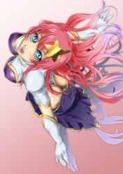Rule 34 | 1girl, blue eyes, blush, breasts, covered erect nipples, from above, gloves, gundam, gundam seed, gundam seed destiny, hair ornament, highleg, large breasts, leotard, long hair, looking at viewer, looking up, meer campbell, nanten yo, open mouth, pink hair, smile, solo, star (symbol), star hair ornament