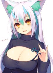 Rule 34 | 1girl, animal ear fluff, animal ears, blue nails, blush, bra strap, breasts, cleavage, facial mark, fang, fingernails, fox ears, fox shadow puppet, hair between eyes, horns, large breasts, long fingernails, long hair, looking at viewer, meme attire, muryotaro, nail polish, open-chest sweater, open mouth, original, ribbed sweater, slit pupils, smile, solo, strap pull, suirin (muryou), sweater, turtleneck, upper body, very long hair, white hair, yellow eyes