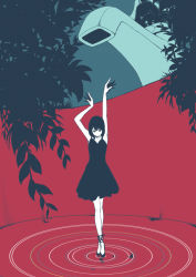 Rule 34 | 1girl, arms up, black dress, collarbone, colored skin, crossed ankles, dancing, dress, faucet, flat color, light smile, limited palette, looking at viewer, mini person, minigirl, no nose, original, plant, ripples, shoes, short dress, short hair, skinny, sleeveless, sleeveless dress, solo, standing, standing on liquid, surreal, tanaka hirotaka, water, white skin