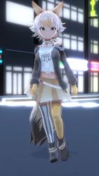 Rule 34 | 1girl, 3d, animal ears, animated, audible music, blonde hair, city, coyote (kemono friends), dancing, gloves, highres, kemono friends, kemono friends v project, looking at viewer, video, necktie, night, open mouth, rooftop, shirt, shoes, short hair, skirt, smile, solo, sound, tail, udensha, virtual youtuber, white shirt, yellow eyes