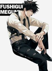 Rule 34 | 1boy, absurdres, black footwear, black hair, black necktie, black pants, character name, closed mouth, expressionless, foot out of frame, from side, fushiguro megumi, green eyes, highres, jewelry, jujutsu kaisen, male focus, necktie, pants, ring, shirt, short hair, solo, thigh strap, tune oekk, white background, white shirt