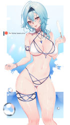 Rule 34 | 1girl, armband, between breasts, bikini, blue hair, bracelet, breasts, cleavage, curvy, eula (genshin impact), food, genshin impact, hairband, highres, jewelry, large breasts, looking at viewer, nail polish, nanoless, navel, necklace, popsicle, seductive smile, shiny skin, skindentation, smile, solo, string bikini, sweat, sweatdrop, swimsuit, thick thighs, thighs, underboob, wet