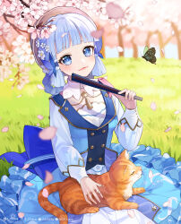 Rule 34 | 1girl, ayaka (genshin impact), blue eyes, blue hair, blunt bangs, blunt tresses, brown hat, bug, butterfly, butterfly hair ornament, cat, cherry blossoms, collar, day, dress, falling petals, folding fan, genshin impact, grass, hair ornament, hair up, hand fan, hat, highres, holding, holding fan, insect, kamisato ayaka, kamisato ayaka (springbloom missive), light blue hair, long hair, long sleeves, looking at viewer, mole, mole under eye, multicolored clothes, multicolored dress, official alternate costume, official alternate hairstyle, on grass, orange cat, outdoors, petals, puffy long sleeves, puffy sleeves, q-chiang, sitting, solo, white collar