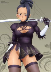 Rule 34 | 1girl, absurdres, black eyes, black gloves, black hair, black shirt, black skirt, black thighhighs, blush, breasts, cleavage, cleavage cutout, clothing cutout, collarbone, cosplay, crossover, dragon ball, dragon ball super, earrings, gloves, grey background, highleg, highleg leotard, highres, holding, jewelry, kale (dragon ball), katana, large breasts, leotard, long hair, long sleeves, looking at viewer, nier (series), nier:automata, over shoulder, ponytail, puffy sleeves, shirt, short hair, side slit, skirt, square enix, standing, sword, sword over shoulder, thighhighs, weapon, weapon over shoulder, white leotard, 2b (nier:automata), 2b (nier:automata) (cosplay), zel-sama