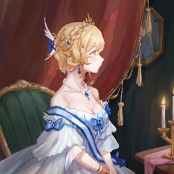 Rule 34 | 1girl, alternate costume, alternate hairstyle, bare shoulders, blonde hair, blue bow, bow, bracelet, breasts, candle, candle wax, candlelight, candlestand, chair, cleavage, curtains, dress, earrings, genshin impact, hair ornament, highres, jewelry, kosyuku, looking away, looking to the side, lumine (genshin impact), necklace, off-shoulder dress, off shoulder, pearl necklace, princess, profile, short hair, short hair with long locks, sidelocks, sitting, solo, tassel, tiara, upper body, yellow eyes