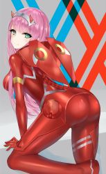 Rule 34 | 10s, 1girl, ass, bodysuit, breasts, cameltoe, character name, darling in the franxx, ero waifu, gloves, green eyes, horns, large breasts, leaning, leaning forward, long hair, looking at viewer, looking back, pink hair, red bodysuit, shiny clothes, skin tight, solo, zero two (darling in the franxx)