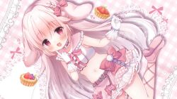 Rule 34 | 1girl, :3, animal ears, blush, bow, bracelet, braid, bridal garter, choker, crop top, finger to cheek, food, frilled choker, frilled sailor collar, frills, fruit, fruit tart, gloves, hair bow, hanasakichu, index finger raised, indie virtual youtuber, jewelry, layered skirt, leg ribbon, long hair, looking at viewer, midriff, navel, neck ribbon, open mouth, pearl bracelet, pink eyes, pink hair, pom pom (clothes), rabbit ears, rabbit girl, ribbon, sailor collar, shirt, shoe soles, skirt, sleeveless, sleeveless shirt, smile, solo, standing, standing on one leg, strawberry, tart (food), tarte mitsuki, very long hair, virtual youtuber