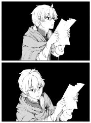 Rule 34 | 1boy, black background, cloak, fate/grand order, fate (series), greyscale, highres, holding, holding paper, long hair, low ponytail, meme, monochrome, paper, reading, romani archaman, syatey, winnie the pooh reading (meme)