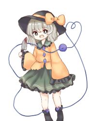 Rule 34 | 1girl, ascot, black hat, blood, blouse, bow, buttons, diamond button, eyeball, frilled shirt collar, frilled sleeves, frills, green hair, green skirt, grey hair, hat, hat bow, hat ribbon, heart, heart of string, highres, holding, holding weapon, komeiji koishi, medium hair, open mouth, ribbon, shirt, skirt, solo, third eye, touhou, weapon, wide sleeves, yellow bow, yellow ribbon, yellow shirt, yuzu shino (bon2rose)