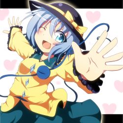 Rule 34 | 1girl, aqua hair, do (4-rt), eyeball, female focus, hat, komeiji koishi, letterboxed, open mouth, outstretched arms, short hair, silver hair, skirt, smile, solo, third eye, touhou, wink