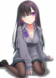 Rule 34 | 1girl, between legs, black footwear, black hair, blue eyes, blue skirt, blush, bow, breasts, brown pantyhose, cardigan, cleavage, collarbone, collared shirt, commentary request, dress shirt, grey cardigan, hair over one eye, hand between legs, heterochromia, highres, loafers, long hair, long sleeves, medium breasts, multicolored hair, nail polish, original, pantyhose, parted lips, pleated skirt, puffy long sleeves, puffy sleeves, purple bow, purple eyes, purple hair, purple nails, school uniform, shadow, shirt, shoes, simple background, sitting, skirt, sleeves past wrists, solo, two-tone hair, very long hair, wariza, white background, white shirt, yoye (pastel white)