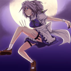 Rule 34 | 1girl, bad id, bad pixiv id, breasts, female focus, full moon, gradient background, izayoi sakuya, knife, maid, moon, outdoors, profile, ribbon, short hair, sky, solo, thigh strap, throwing knife, touhou, wata, weapon