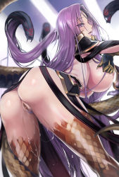 Rule 34 | 1girl, akinaie, arched back, armor, ass, bent over, blush, breasts, censored, fate/grand order, fate (series), faulds, female pubic hair, foreshortening, gauntlets, gorgon (fate), huge breasts, lips, long hair, looking at viewer, medusa (fate), medusa (rider) (fate), monster girl, mosaic censoring, nipple slip, nipples, open mouth, perineum, pubic hair, purple eyes, purple hair, pussy, pussy juice, rider, scales, smile, snake hair, solo, standing, tail, thighs, very long hair