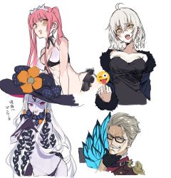 Rule 34 | 1boy, 3girls, abigail williams (fate), ahoge, bikini, black-framed eyewear, black bow, black dress, black gloves, black headwear, black panties, blue eyes, blue jacket, bow, breasts, brown coat, censored, closed mouth, coat, collarbone, colored skin, dress, emoji, emoji censor, facial hair, fate/grand order, fate (series), forehead, formal, fur-trimmed jacket, fur trim, glasses, gloves, grey hair, hand on own chin, hat, jacket, james moriarty (archer) (fate), jeanne d&#039;arc (fate), jeanne d&#039;arc alter (fate), jeanne d&#039;arc alter (ver. shinjuku 1999) (fate), keyhole, large breasts, long hair, long sleeves, looking at viewer, medb (fate), medb (swimsuit saber) (fate), medb (swimsuit saber) (second ascension) (fate), medium breasts, middle finger, multiple bows, multiple girls, mustache, navel, off shoulder, official alternate costume, open clothes, open jacket, open mouth, orange bow, panties, parted bangs, pink hair, red eyes, shaded face, short hair, sidelocks, simple background, small breasts, smile, suit, swimsuit, teshima nari, third eye, tiara, tongue, tongue out, twintails, underwear, white background, white bikini, white hair, white skin, wicked dragon witch ver. shinjuku 1999, witch hat, yellow eyes