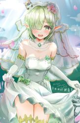 Rule 34 | 1girl, absurdres, aoi (princess connect!), bare shoulders, blush, breasts, bridal veil, chokomin, clothes lift, commentary request, dress, dress lift, elbow gloves, elf, gloves, green eyes, grey hair, highres, medium breasts, pointy ears, princess connect!, short hair, solo, sweatdrop, thighhighs, veil, wedding dress