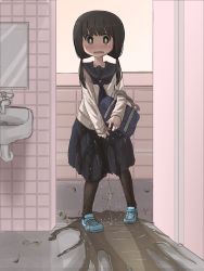 Rule 34 | 1girl, absurdres, bag, bangs, bathroom, between legs, black hair, black legwear, black sailor collar, blue footwear, blue neckwear, blue skirt, blush, brown eyes, collarbone, cross-laced footwear, crying, crying with eyes open, door, embarrassed, eyebrows visible through hair, faucet, female focus, flat chest, full body, hair tie, hand between legs, highres, holding, holding bag, indoors, leaf, long hair, long sleeves, mirror, neckerchief, nose blush, open mouth, original, pantyhose, pee, peeing, peeing self, pleated skirt, puddle, sailor collar, school uniform, serafuku, shiny, shiny hair, shoes, sink, skirt, solo, standing, sunset, sweat, sweater, tawasiupa, tears, tied hair, twintails, wavy mouth, wet, wet clothes, white sweater, wide-eyed