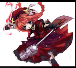Rule 34 | 00s, 1girl, :o, beret, blue eyes, braid, collar, dress, graf eisen, hair ornament, hammer, hat, holding, holding weapon, long hair, looking at viewer, lyrical nanoha, mahou shoujo lyrical nanoha, mahou shoujo lyrical nanoha a&#039;s, parted lips, puffy short sleeves, puffy sleeves, rabbit hair ornament, red dress, red hair, short sleeves, simple background, solo, twin braids, very long hair, vita (nanoha), weapon, white background