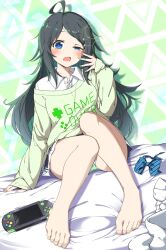 Rule 34 | 1girl, ahoge, barefoot, bed sheet, black hair, blue bow, blue bowtie, blush, bow, bowtie, unworn bowtie, collared shirt, commission, eyelashes, feet, full body, green background, green panties, hair ornament, hairclip, hand up, handheld game console, highres, indoors, inohara koboshi, knees together feet apart, knees up, leglus, legs, long hair, long sleeves, messy hair, off shoulder, on bed, ongeki, open mouth, panties, parted bangs, patterned background, playstation vita, pleated skirt, school uniform, shiny skin, shirt, sidelocks, skeb commission, skirt, sleeves past wrists, solo, thighs, toenails, toes, underwear, uneven eyes, wavy mouth, white shirt, yawning
