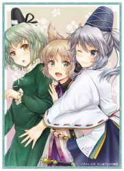 Rule 34 | 3girls, :d, ;), artist name, belt, bow, brown eyes, brown hair, courreges ace, dress, earmuffs, girl sandwich, green dress, green hair, grey eyes, grey hair, hat, long hair, long sleeves, looking at another, looking at viewer, mononobe no futo, multiple girls, one eye closed, open mouth, ponytail, ribbon-trimmed sleeves, ribbon trim, sandwiched, shirt, short hair, simple background, skirt, sleeveless, smile, soga no tojiko, sword, tate eboshi, text focus, touhou, toyosatomimi no miko, weapon, wide sleeves