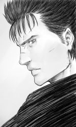 Rule 34 | 1boy, berserk, closed mouth, greyscale, guts (berserk), hatching (texture), highres, looking at viewer, male focus, monochrome, mugetsu2501, portrait, profile, scar, scar on face, scar on nose, sketch, solo, spiked hair