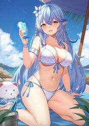 Rule 34 | 1girl, :d, ahoge, beach, bikini, bird, blue hair, blue sky, blush, bottle, breasts, bucket, cleavage, cloud, cup, daifuku (yukihana lamy), day, drinking straw, elf, flower, hair flower, hair ornament, highres, holding, holding cup, hololive, ice, ice cube, large breasts, long hair, looking at viewer, navel, open mouth, outdoors, pointy ears, revision, sitting, sky, smile, solo, stomach, swimsuit, thighs, very long hair, virtual youtuber, vococo, white bikini, yellow eyes, yukihana lamy
