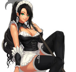 Rule 34 | 1girl, :q, black thighhighs, boots, breasts, cherrylich, cleavage, cleavage cutout, clothing cutout, corset, daeho cha, dark-skinned female, dark skin, earrings, facial mark, female focus, french maid nidalee, green eyes, highres, jewelry, large breasts, league of legends, long hair, looking at viewer, maid headdress, nidalee, polearm, ponytail, simple background, sitting, smile, solo, swept bangs, thigh boots, thighhighs, tongue, tongue out, unfinished, weapon, wrist cuffs