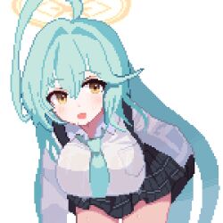 Rule 34 | 1girl, ahoge, aqua hair, aqua necktie, black skirt, blue archive, blush, breasts, brown eyes, commentary, cowboy shot, hair between eyes, halo, highres, huge ahoge, large breasts, leaning forward, long hair, looking at viewer, miniskirt, necktie, open mouth, pixel art, plaid, plaid skirt, pleated skirt, shirt, short necktie, simple background, skirt, solo, tinia etru, very long hair, white background, white shirt, yellow halo, yume (blue archive)