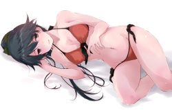 Rule 34 | 1girl, bikini, black hair, breasts, brown hair, commentary request, feet out of frame, front-tie top, halterneck, high ponytail, houshou (kancolle), kantai collection, looking at viewer, medium breasts, ponytail, red bikini, side-tie bikini bottom, simple background, solo, string bikini, swimsuit, white background, yumesato makura