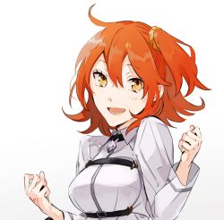 Rule 34 | 1girl, :d, ahoge, clenched hands, fate/grand order, fate (series), fujimaru ritsuka (female), hair between eyes, hair ornament, hair scrunchie, jacket, long sleeves, looking at viewer, one side up, open mouth, orange hair, sakamoto bin, scrunchie, short hair, simple background, smile, solo, upper body, white background, white jacket, yellow eyes, yellow scrunchie