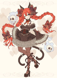 Rule 34 | 1girl, absurdres, alternate costume, animal ears, bad id, bad pixiv id, bow, braid, cat ears, cat girl, cat tail, fangs, female focus, fingernails, gothic lolita, hair bow, high heels, highres, kaenbyou rin, lolita fashion, long fingernails, long hair, multiple tails, nekomata, one eye closed, pantyhose, patterned legwear, print pantyhose, red hair, shoes, skull, slit pupils, solo, tail, touhou, twin braids, wink, yutsumoe